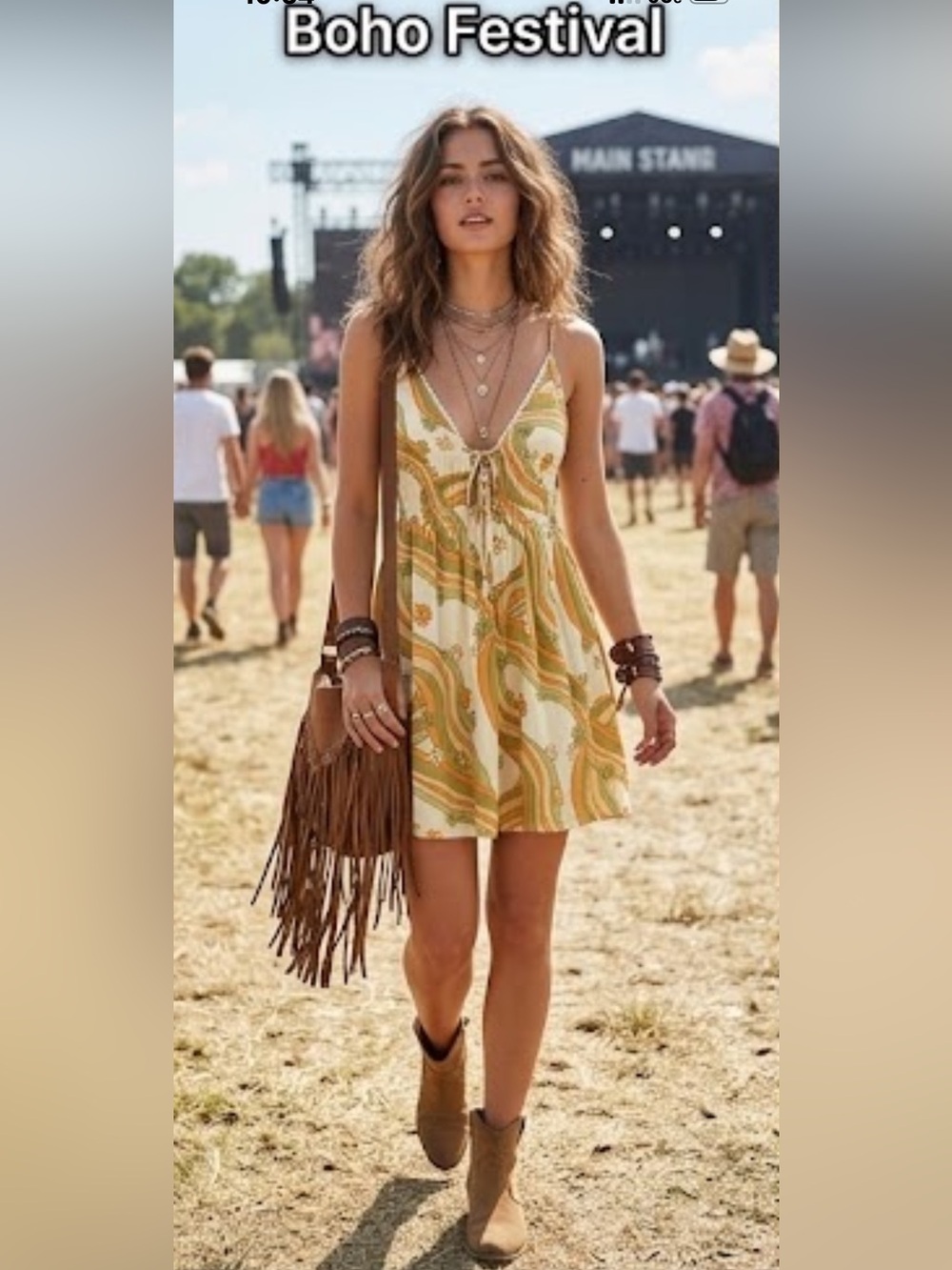 wild fable Cream Green Peach Orange Retro Hippie Chic Tie-Front Mini Dress